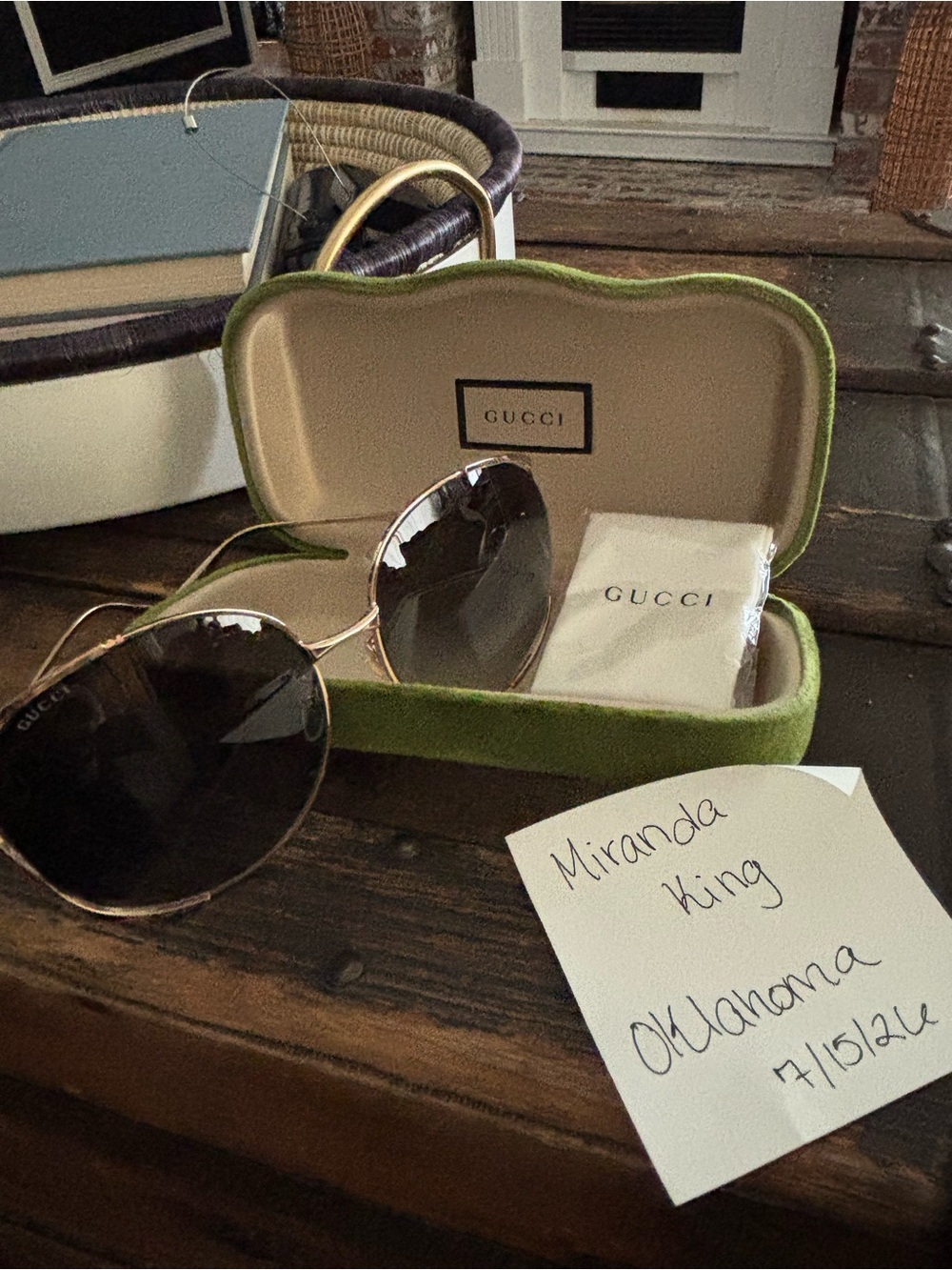 Gucci Gold Frame Sunglasses with Dark Gray Lenses and Green Case